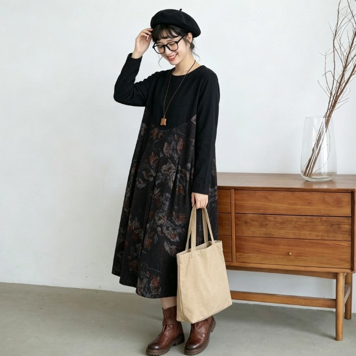 M～5XL 切り替えデザイン 総柄プリント ポケット付き ゆったりシルエット レトロ 長袖 ワンピース