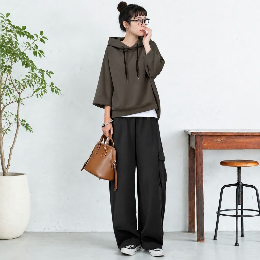 七分袖フードトップス＆ロングパンツ 単品・2点セット