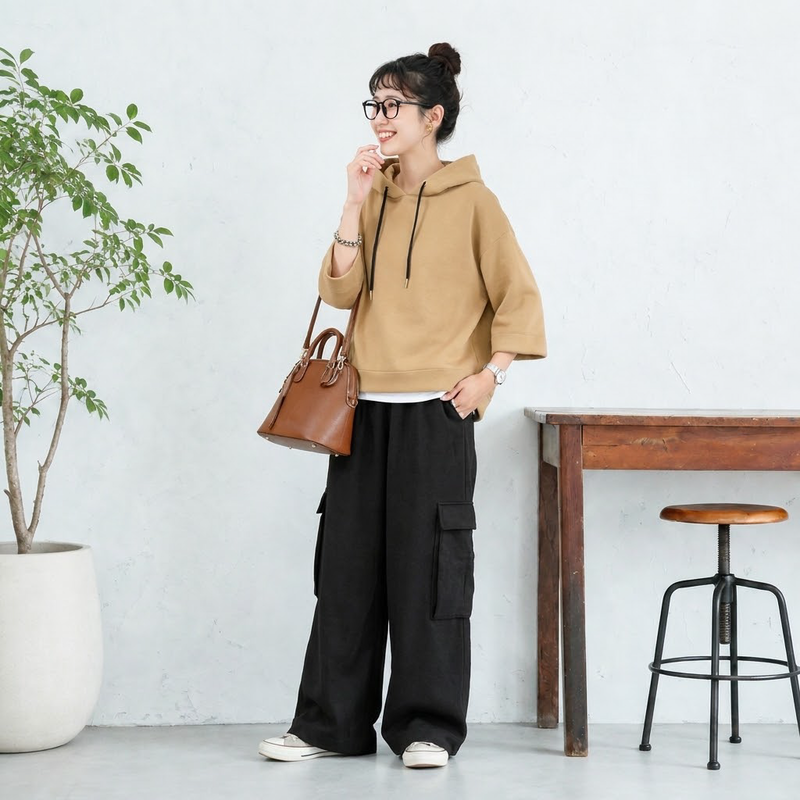 七分袖フードトップス＆ロングパンツ 単品・2点セット