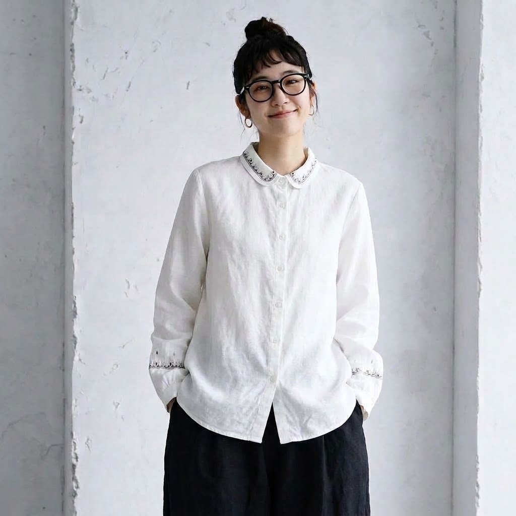バルーンスリーブ 無地 長袖 刺繍 パフカラー ボタン開き レトロ シャツ