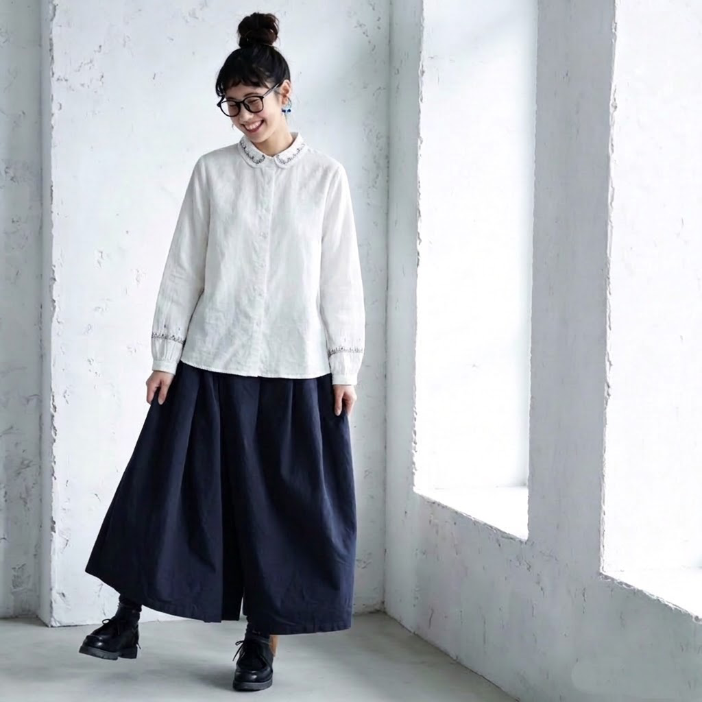 バルーンスリーブ 無地 長袖 刺繍 パフカラー ボタン開き レトロ シャツ
