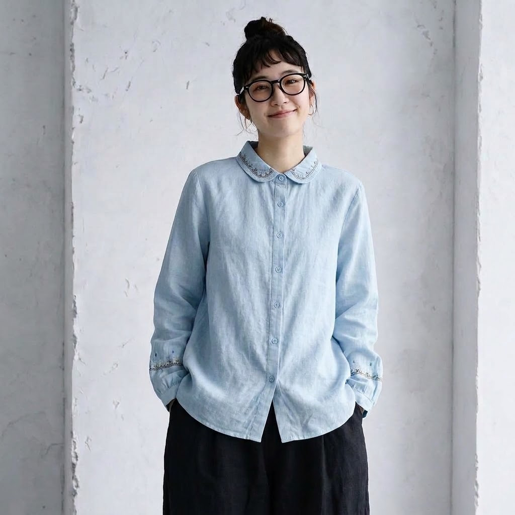 バルーンスリーブ 無地 長袖 刺繍 パフカラー ボタン開き レトロ シャツ