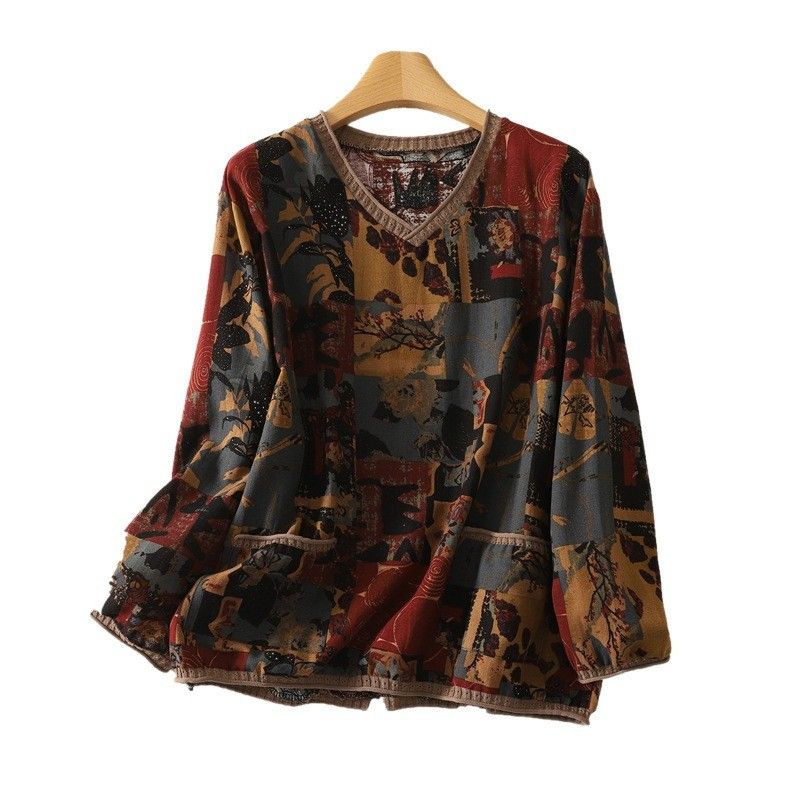 2色展開｜幾何学柄 Vネック長袖Tシャツ