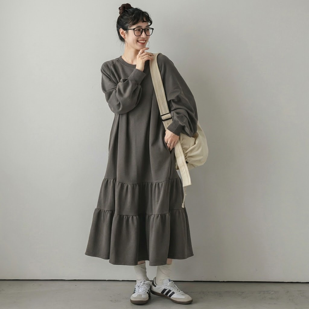 4色展開｜薄手・裏起毛 バルーン袖ワンピース