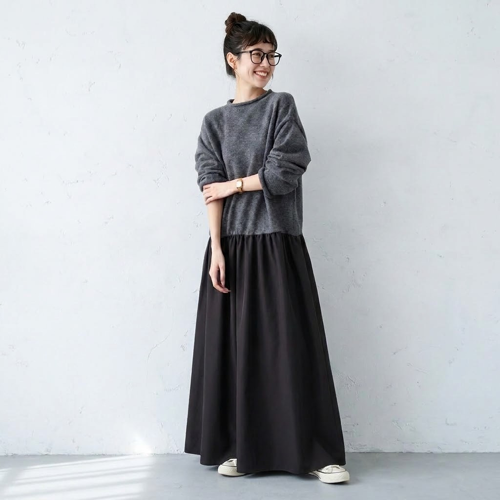 2色展開｜ハイネック ロングニットワンピース
