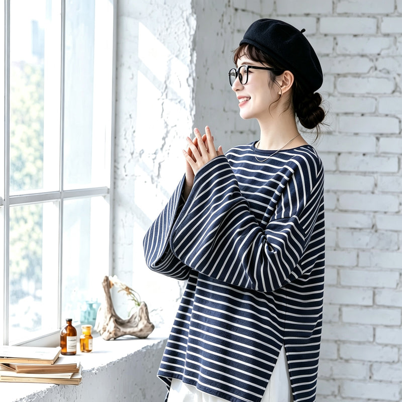 無地・ボーダー クルーネック長袖Tシャツ