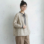綿麻 ドット柄 ボタン付き長袖ブラウス
