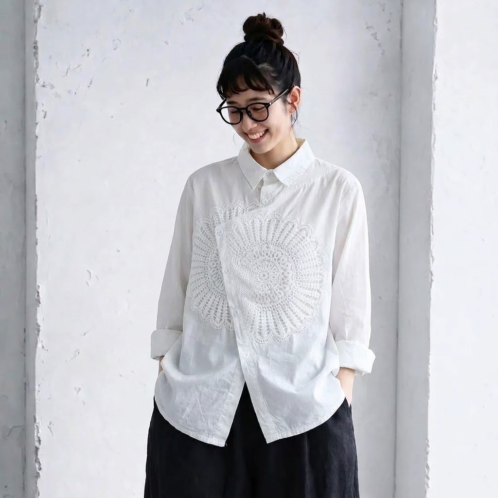 綿麻 刺繍 無地長袖シャツ