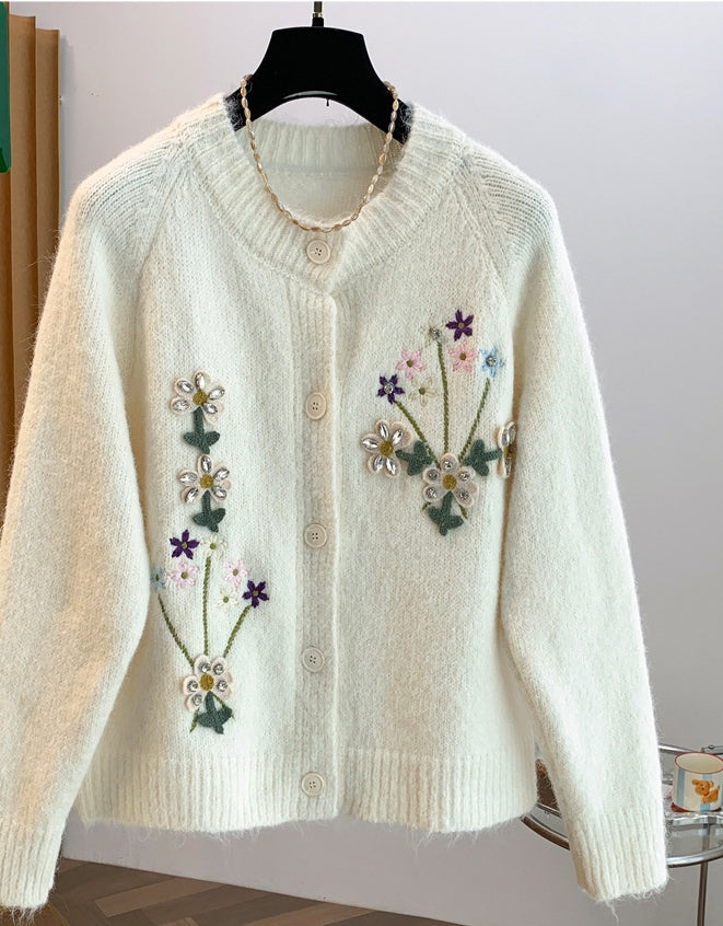 3色展開｜花刺繍 前ボタン長袖カーディガン