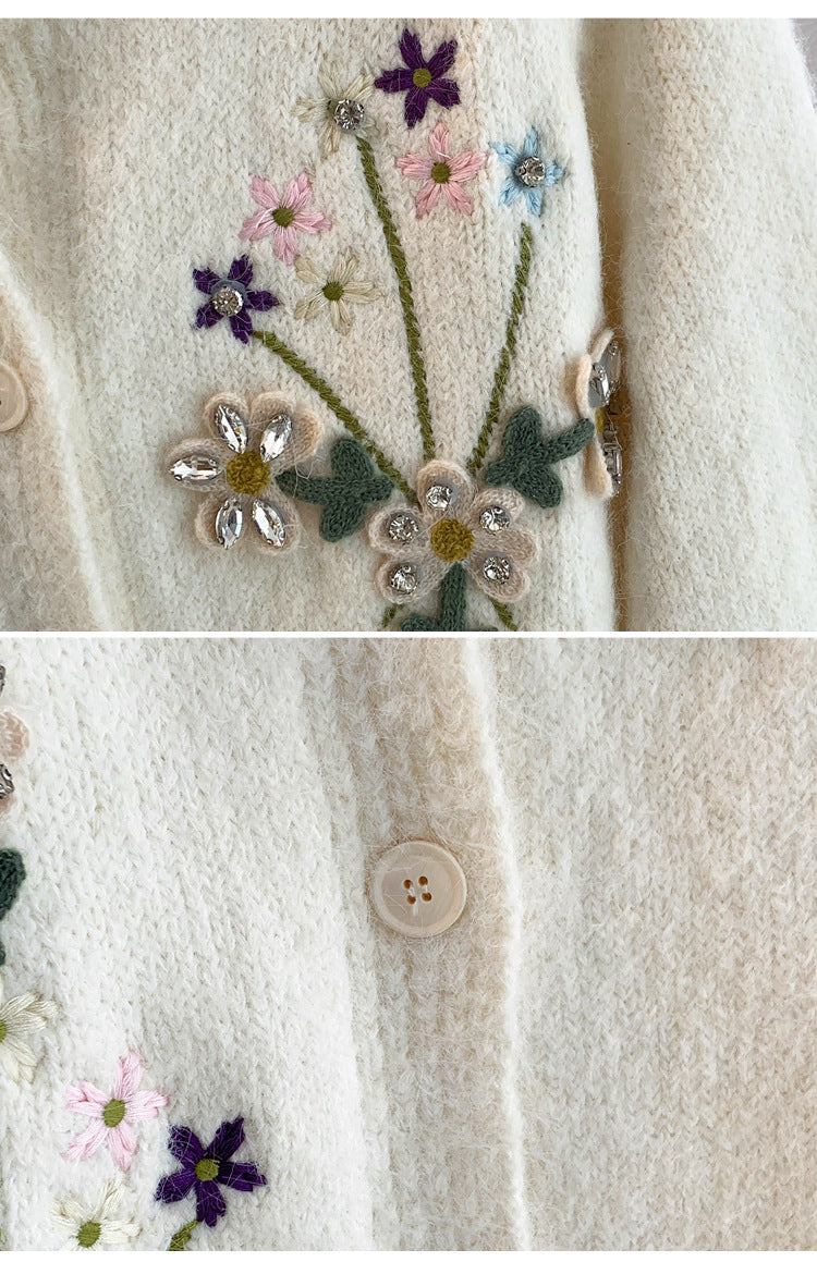 3色展開｜花刺繍 前ボタン長袖カーディガン