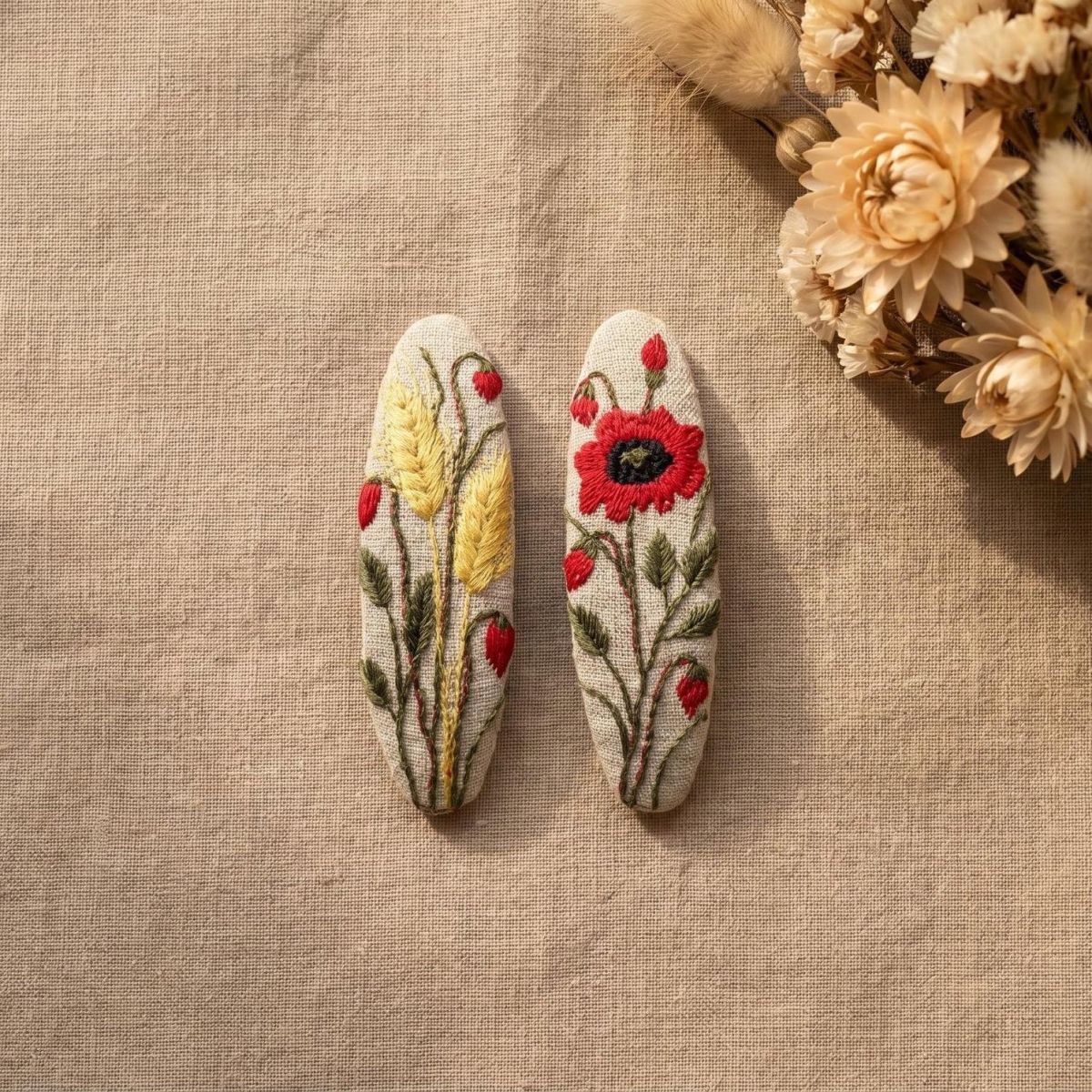 アヒル＆フラワー刺繍 ヘアピン