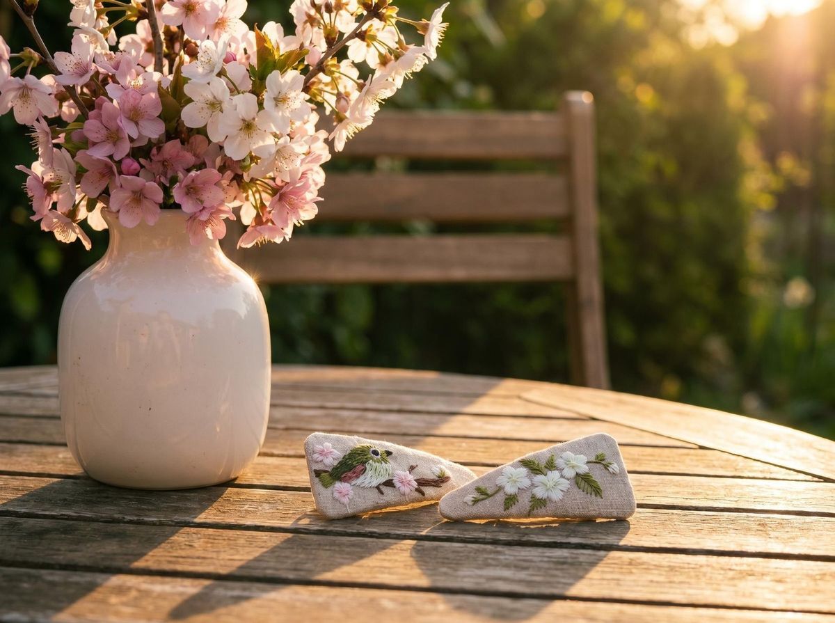 アヒル＆フラワー刺繍 ヘアピン