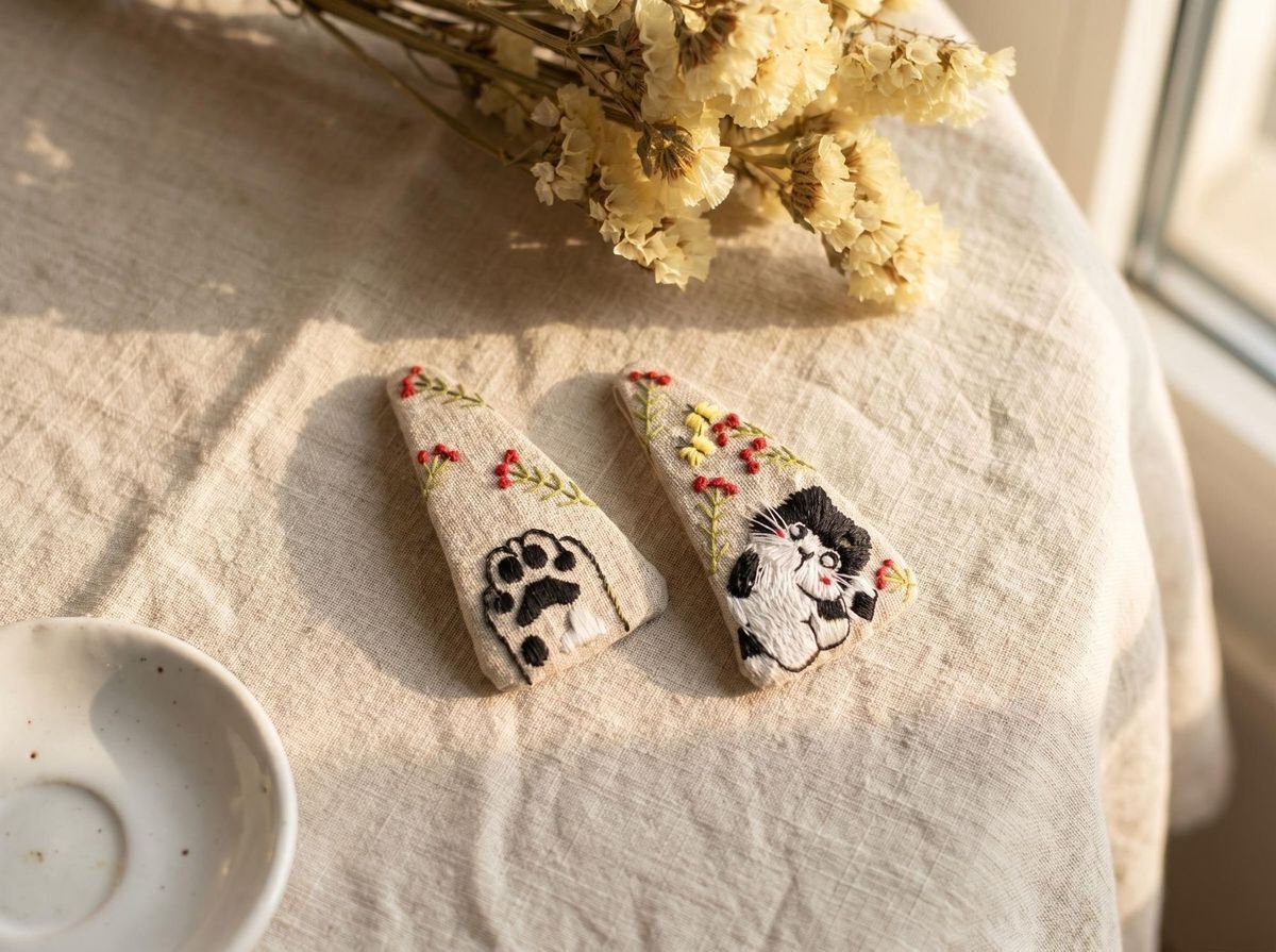 アヒル＆フラワー刺繍 ヘアピン
