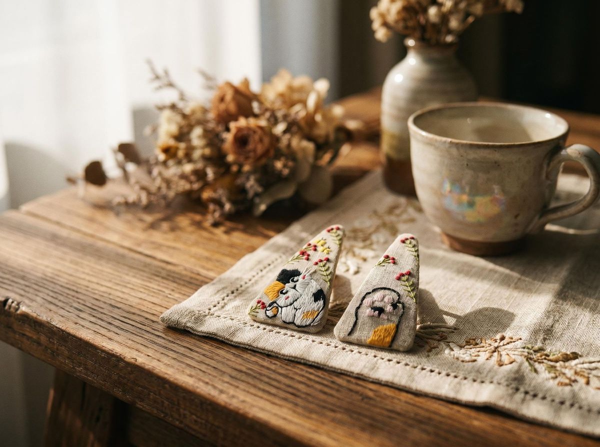 アヒル＆フラワー刺繍 ヘアピン