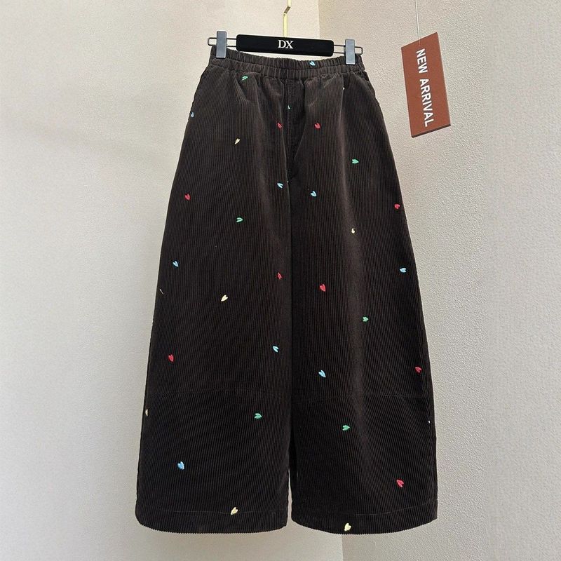 コーデュロイ ハート刺繍 ワイドパンツ
