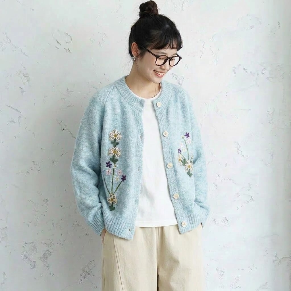 3色展開｜花刺繍 前ボタン長袖カーディガン