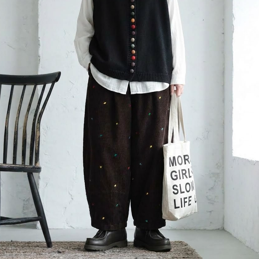 コーデュロイ ハート刺繍 ワイドパンツ