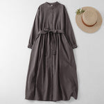 ボウタイ 前ボタン Aライン長袖ワンピース