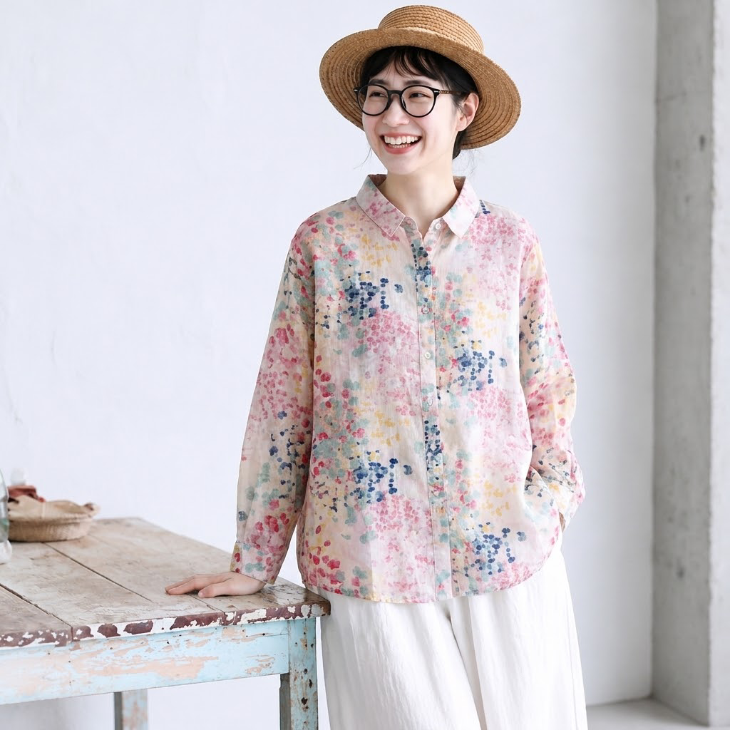麻混 草花柄プリント ゆったり長袖ブラウス