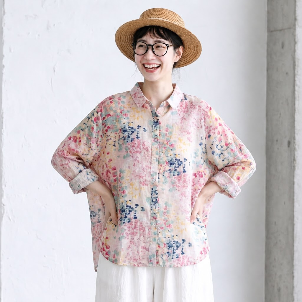 麻混 草花柄プリント ゆったり長袖ブラウス