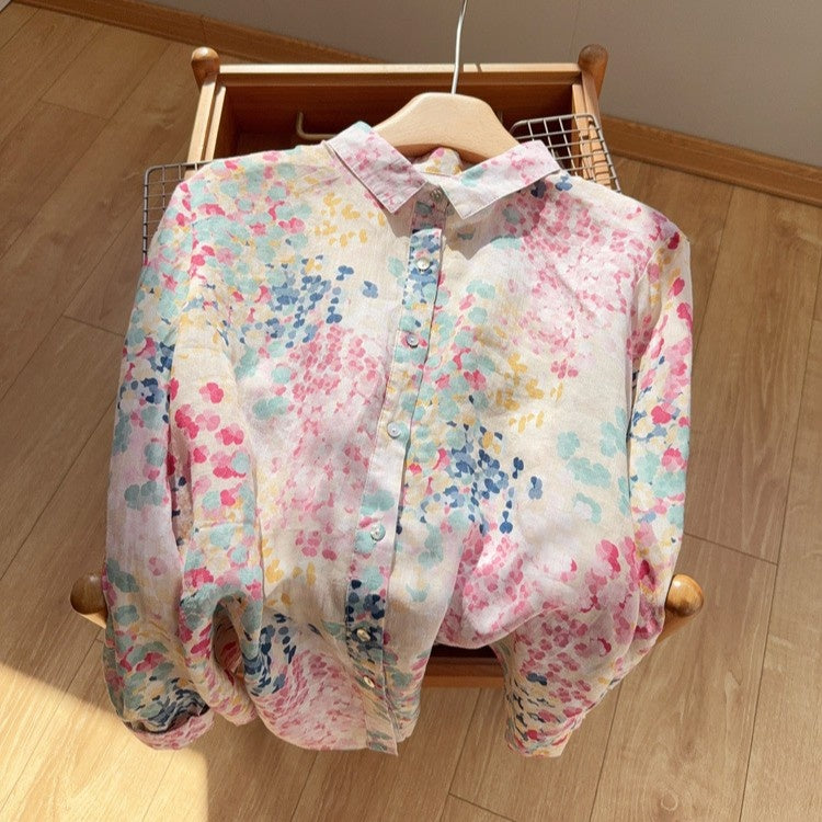 麻混 草花柄プリント ゆったり長袖ブラウス