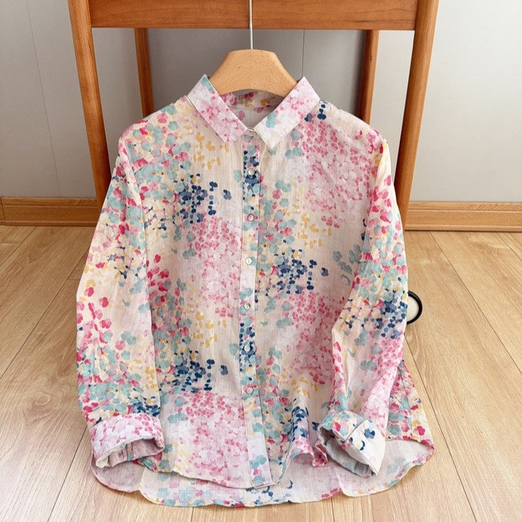 麻混 草花柄プリント ゆったり長袖ブラウス