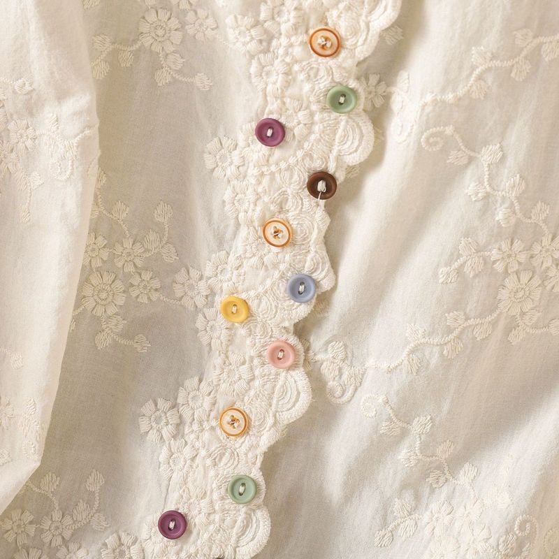 コットン 花刺繍 レース切替 長袖ブラウス