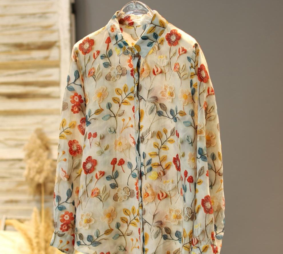 レトロ花柄 シャツカラーブラウス