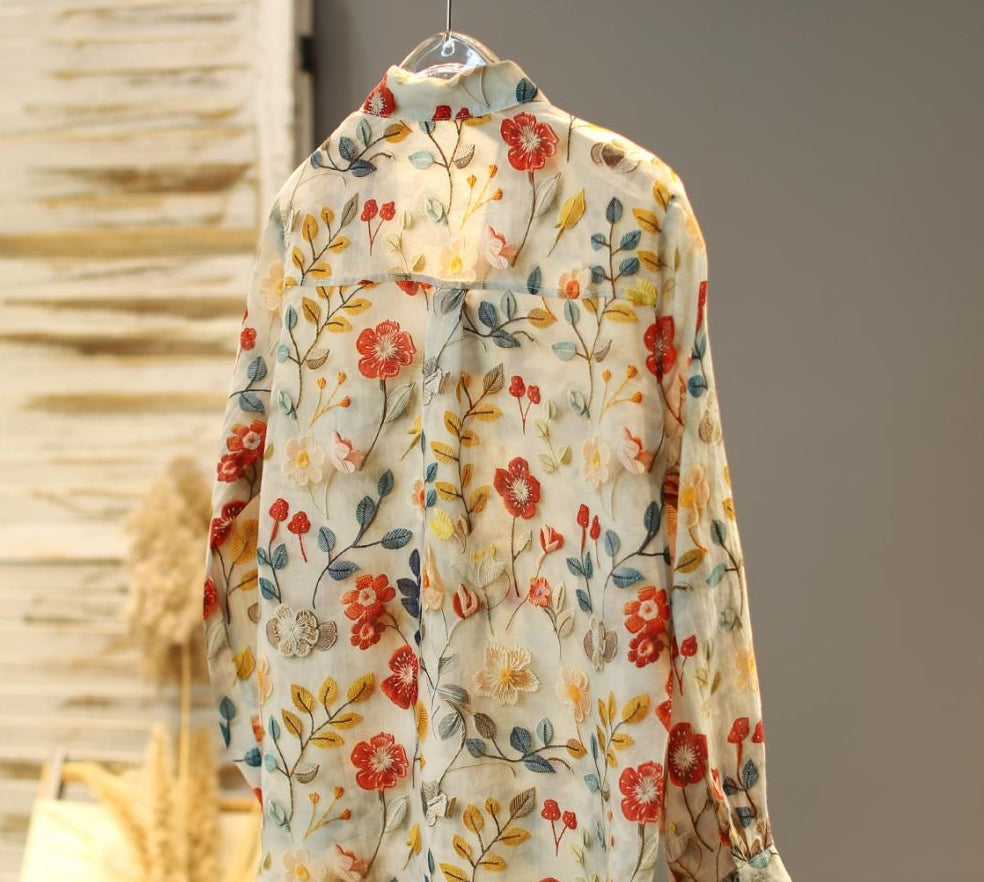 レトロ花柄 シャツカラーブラウス
