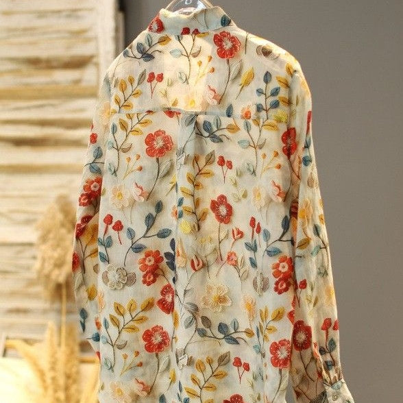 レトロ花柄 シャツカラーブラウス