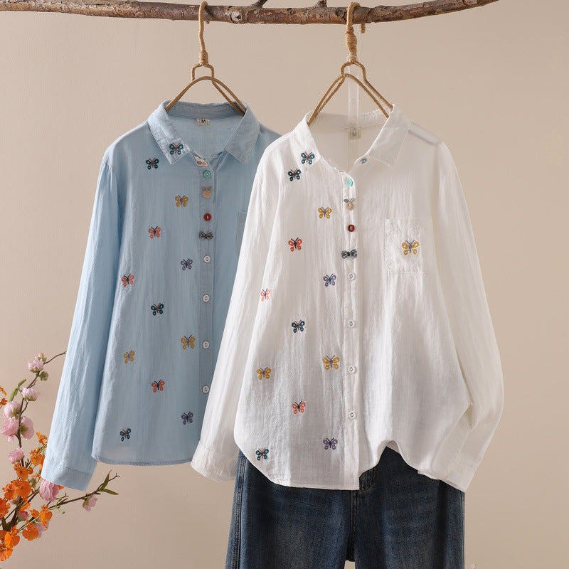 アニマル刺繍 シャツカラーブラウス