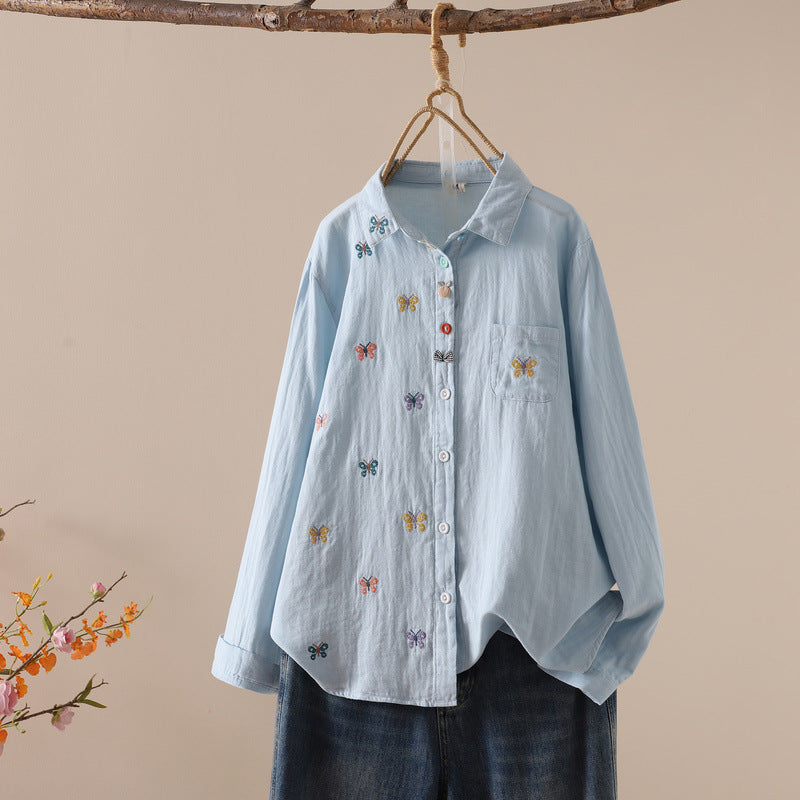 アニマル刺繍 シャツカラーブラウス