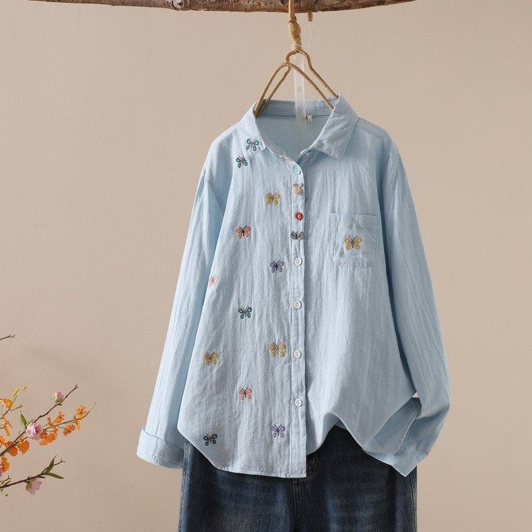 アニマル刺繍 シャツカラーブラウス