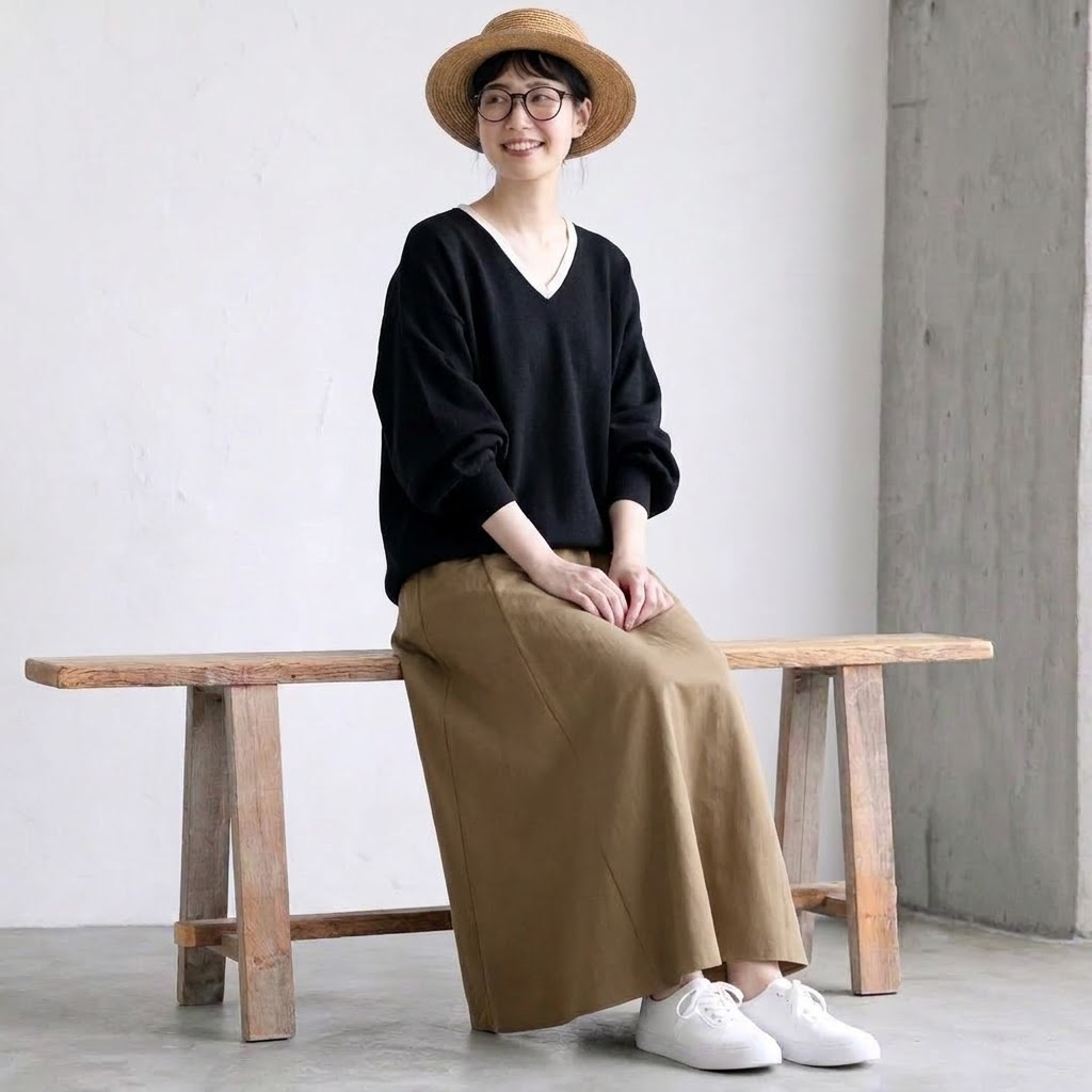 Vネックトップス×Aラインスカート 2点セット