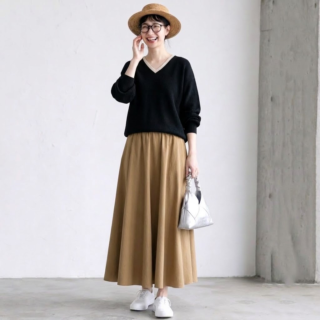 Vネックトップス×Aラインスカート 2点セット