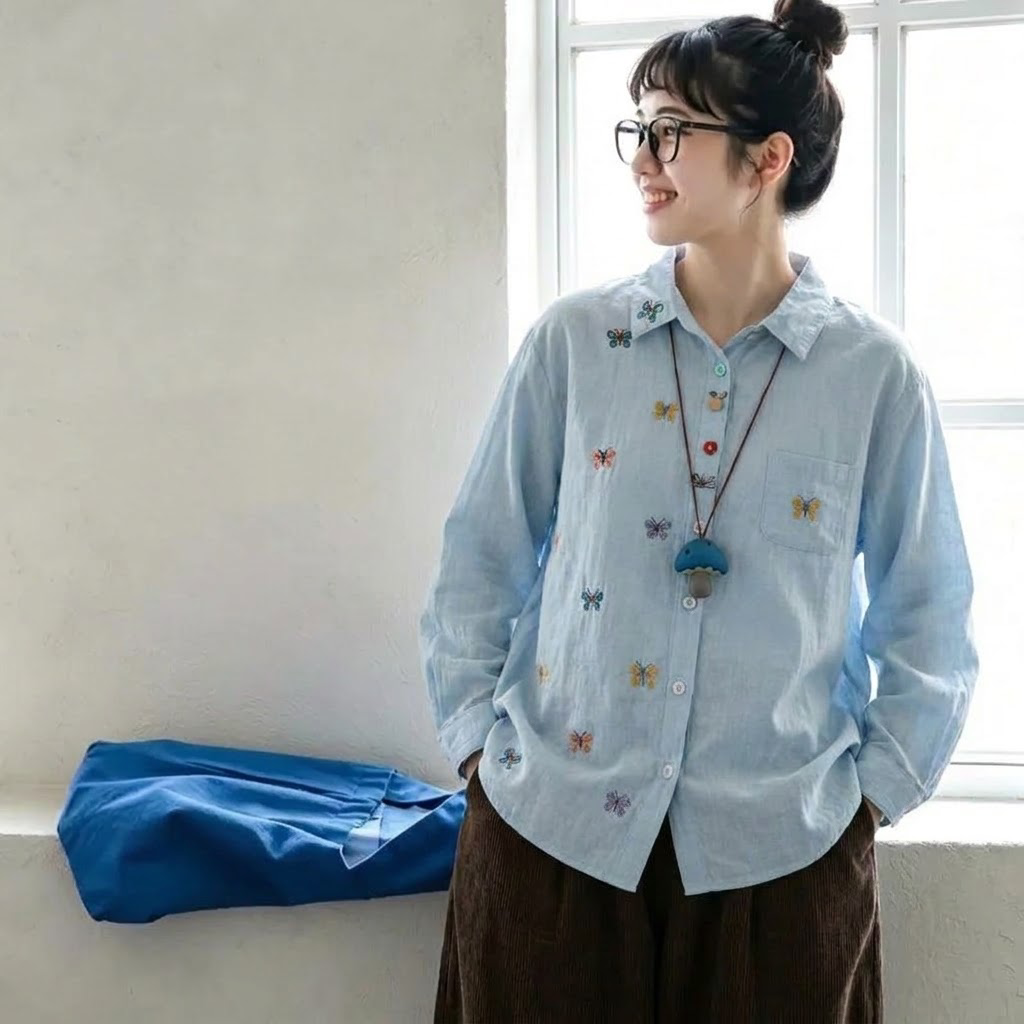 アニマル刺繍 シャツカラーブラウス