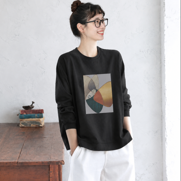幾何学プリント クルーネック長袖Tシャツ