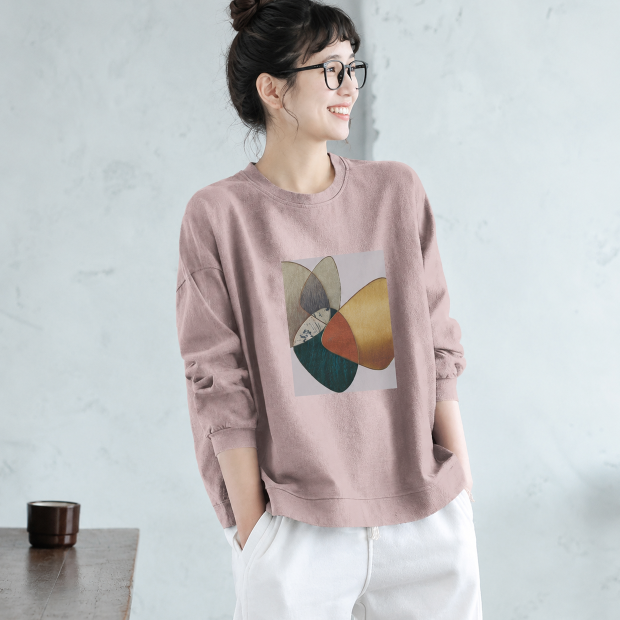 幾何学プリント クルーネック長袖Tシャツ