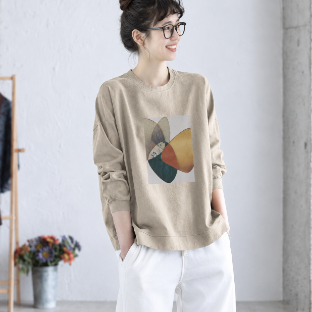 幾何学プリント クルーネック長袖Tシャツ