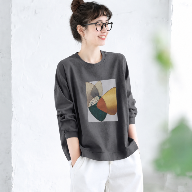 幾何学プリント クルーネック長袖Tシャツ