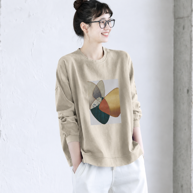 幾何学プリント クルーネック長袖Tシャツ