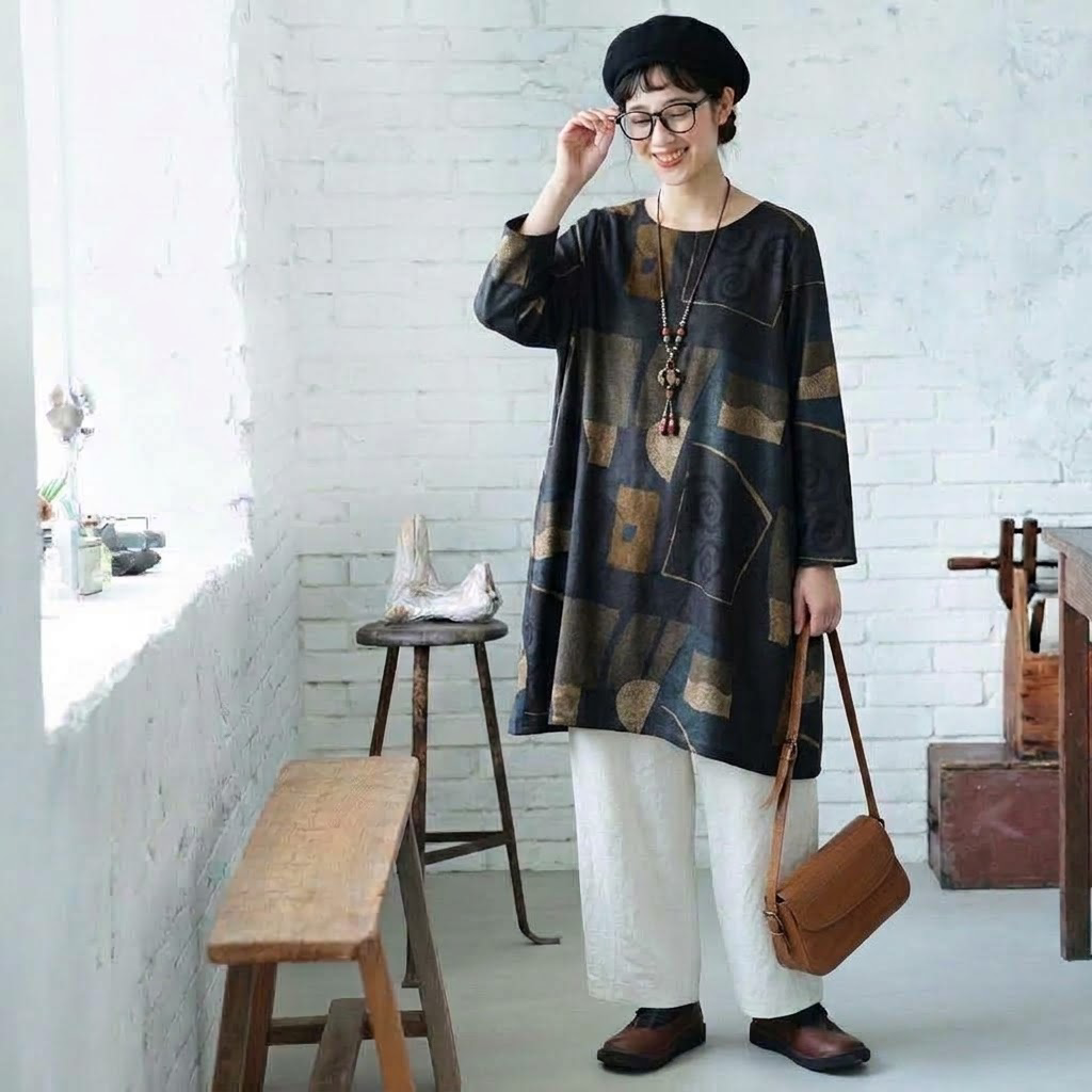 M-2XL プリント レトロ Aライン 長袖 ワンピース-オレンジ-2XL