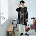 M-2XL プリント レトロ Aライン 長袖 ワンピース-オレンジ-2XL