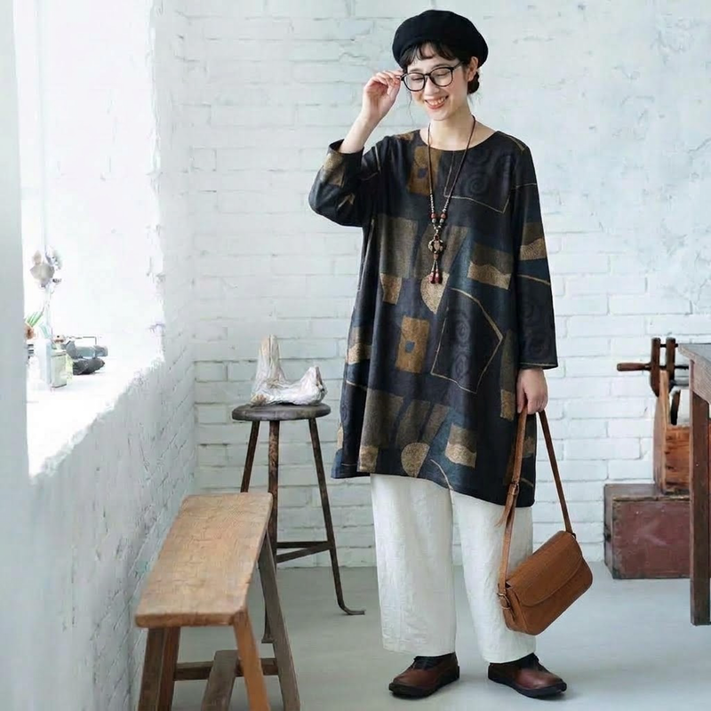 M-2XL プリント レトロ Aライン 長袖 ワンピース-オレンジ-2XL