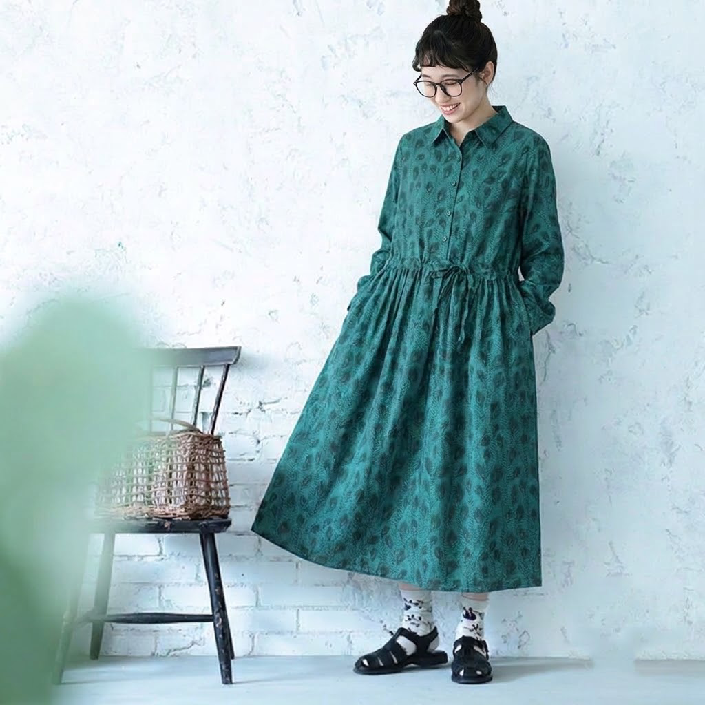 M-2XL 森ガール プリント 折り襟 長袖 Aライン ワンピース-ネイビー-2XL