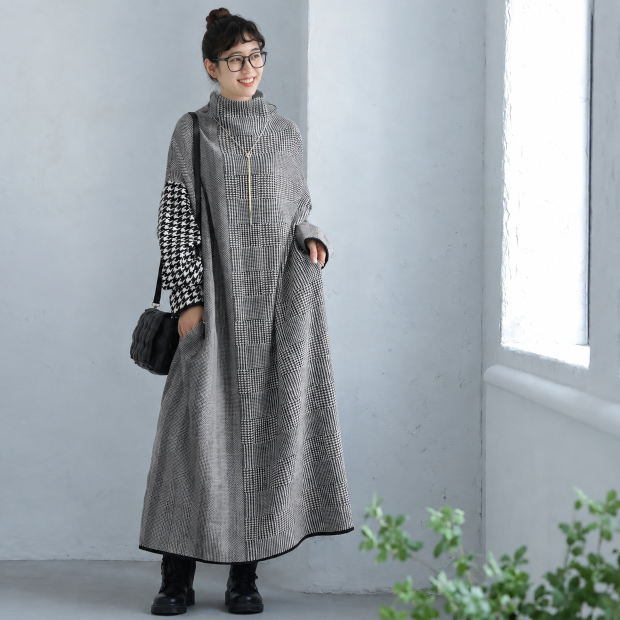 千鳥格子 ハイネックニットロングワンピース
