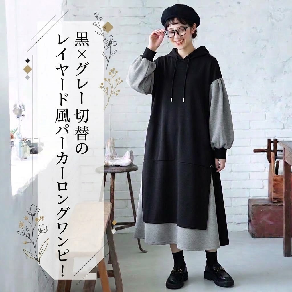 M-L SNSで話題沸騰 配色 切り替え ランタンスリーブ ファッション 長袖 フード付き ワンピース-ブラック-L