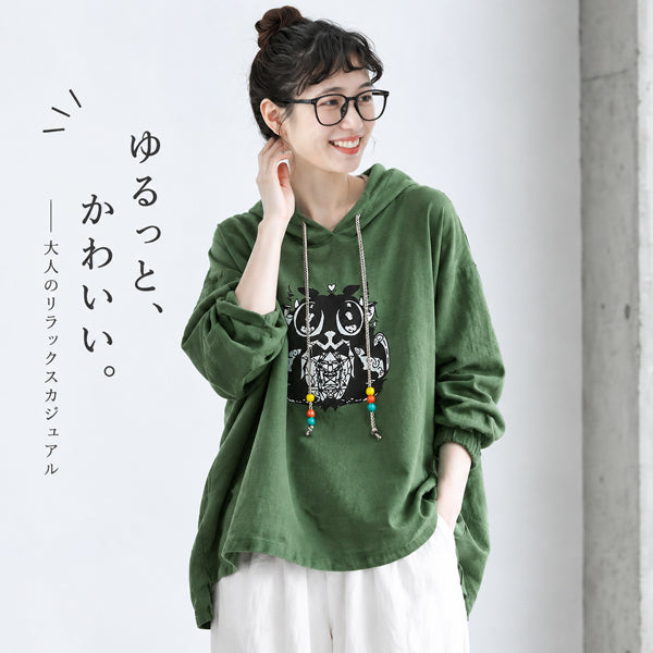 フリーサイズ レトロ ゆったり プリント スリット 体型カバー パーカー/ジャージ-レッド-フリー