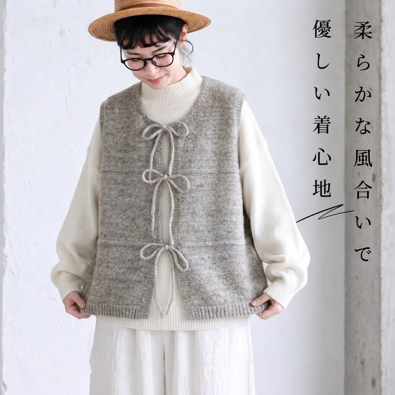 M-3XL 主役級 無地 リボン結び 上品見え ニット ベスト-パープル-3XL