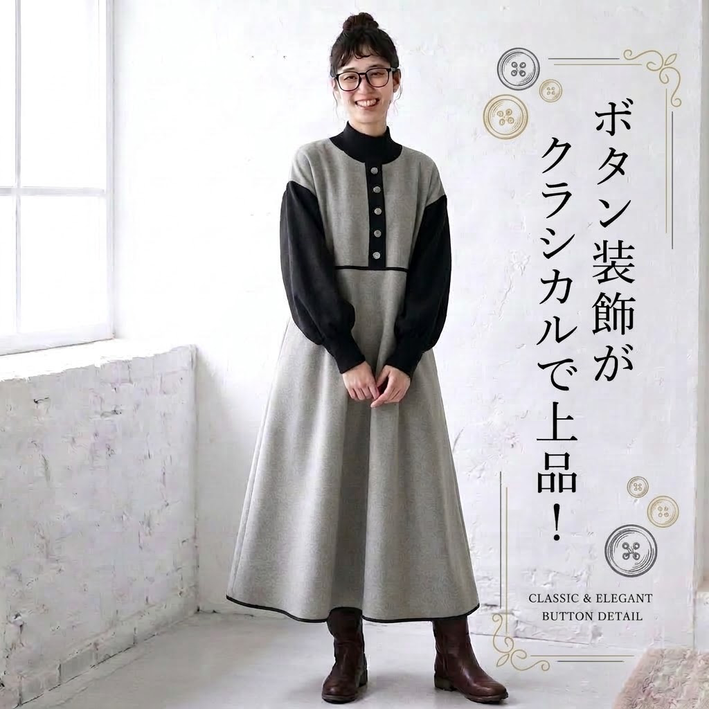 S-L 一番安い新作 配色 カジュアル 切り替え ランタンスリーブ 長袖 ハイネック ワンピース-ダークグレー-L